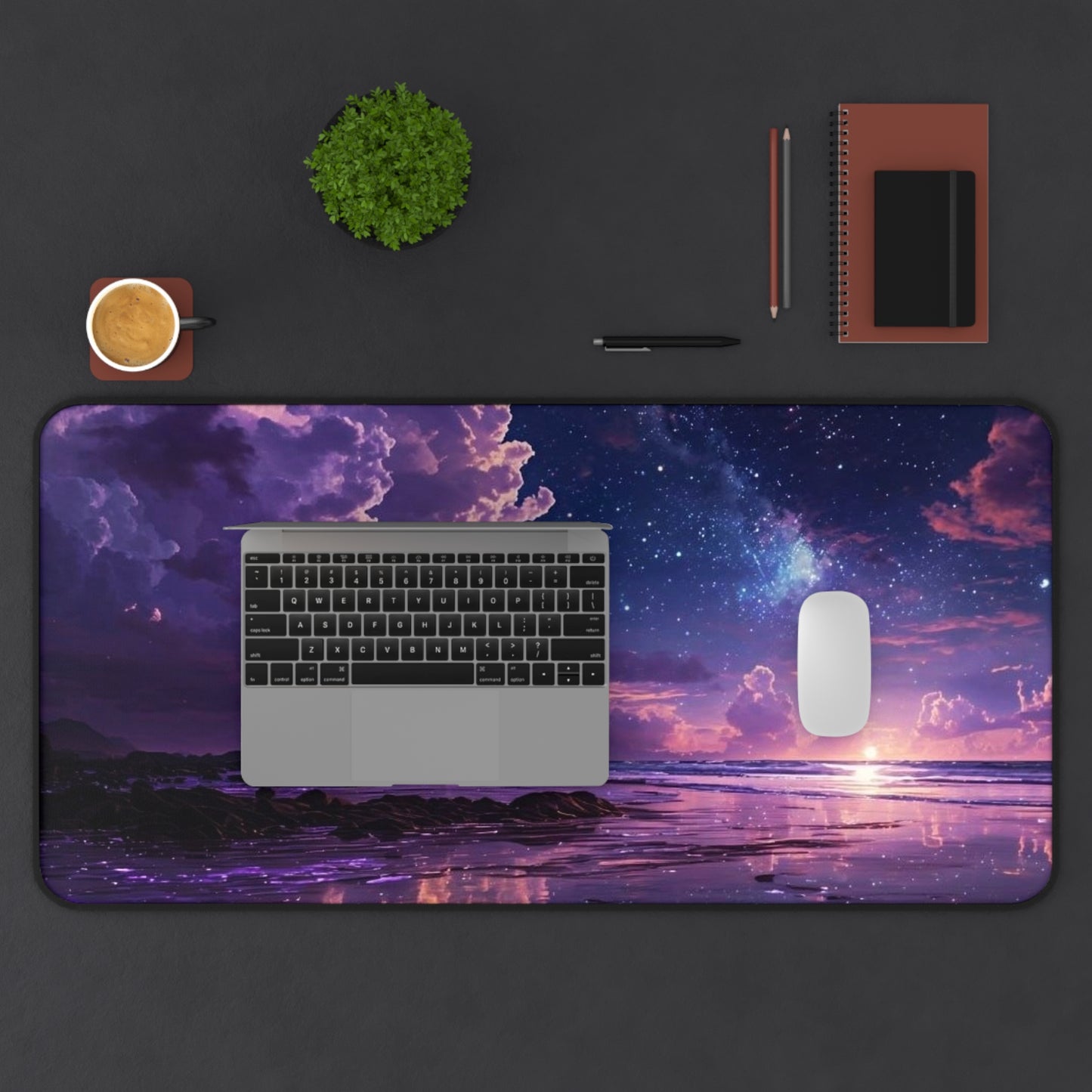 Purple Galaxy Beach Sunset Desk Mat | Cosmic Night Sky Mousepad
