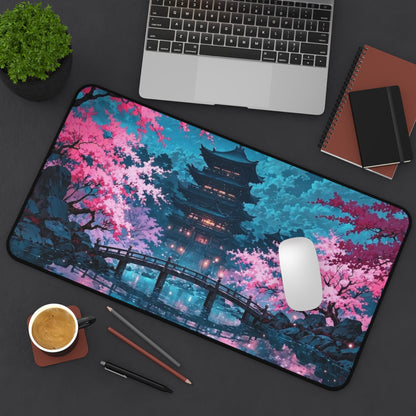 Cherry Blossom Pagoda Desk Mat | Japanese Nightscape Mouse Pad