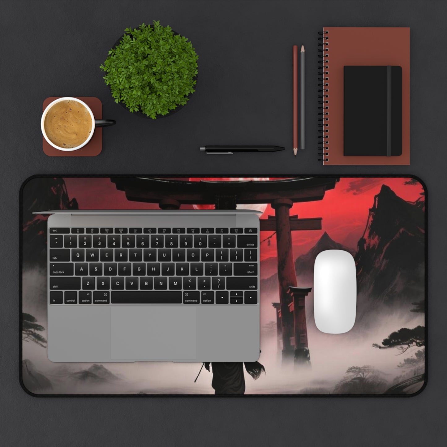 Samurai Torii Gate desk mat | Red Moon Japanese Landscape, Foggy Mountain Mousepad