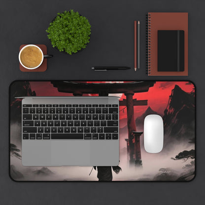 Samurai Torii Gate desk mat | Red Moon Japanese Landscape, Foggy Mountain Mousepad