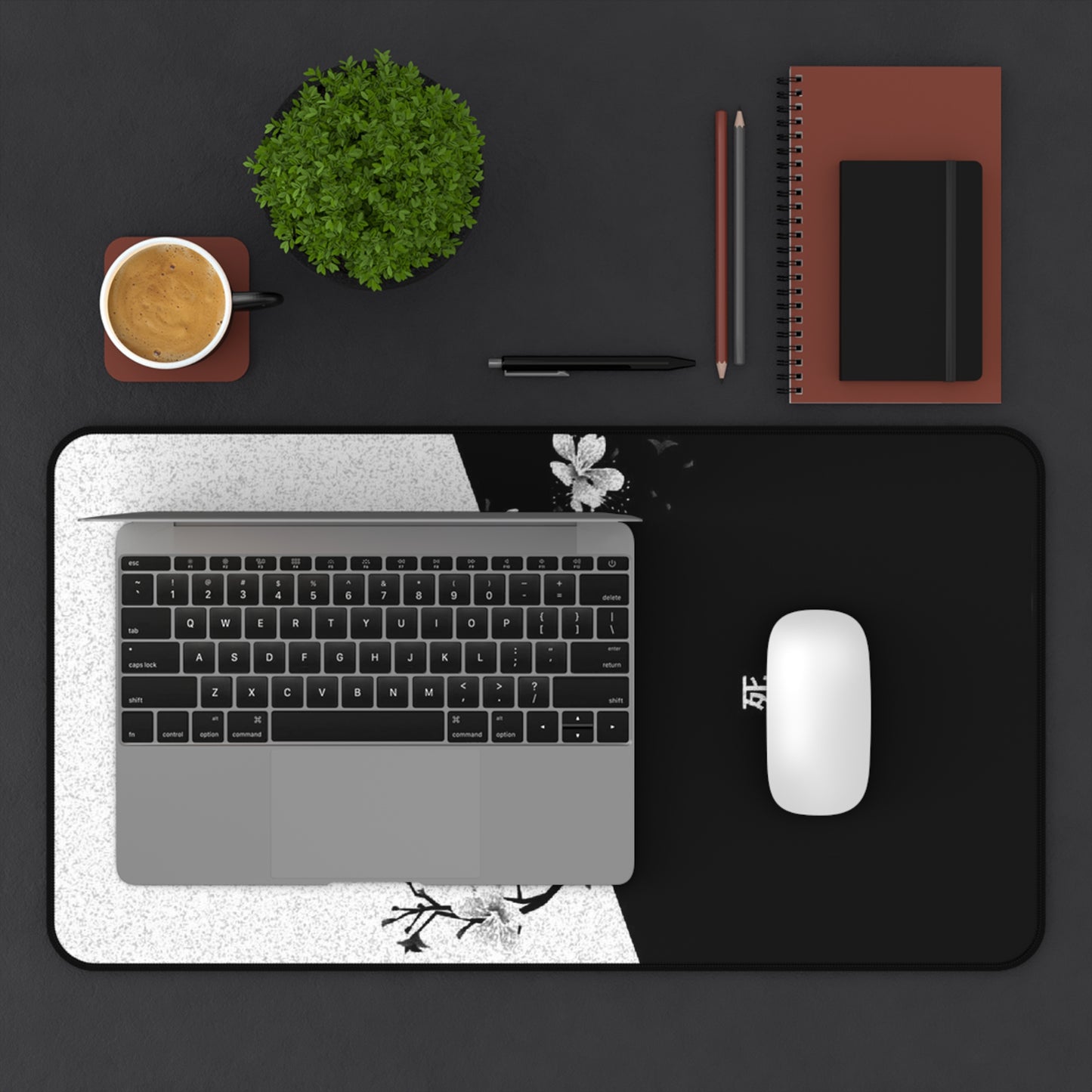 Black White Cherry Blossom Split Design Desk Mat | Minimal Aesthetic
