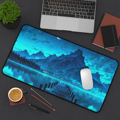 Moonlit Mountain Lake Desk Mat | Blue Scenic Landscape Mouse Pad