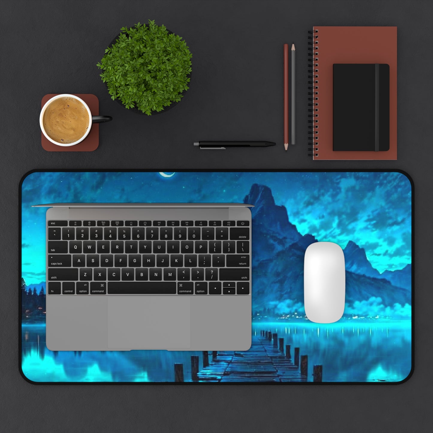 Moonlit Mountain Lake Desk Mat | Blue Scenic Landscape Mouse Pad