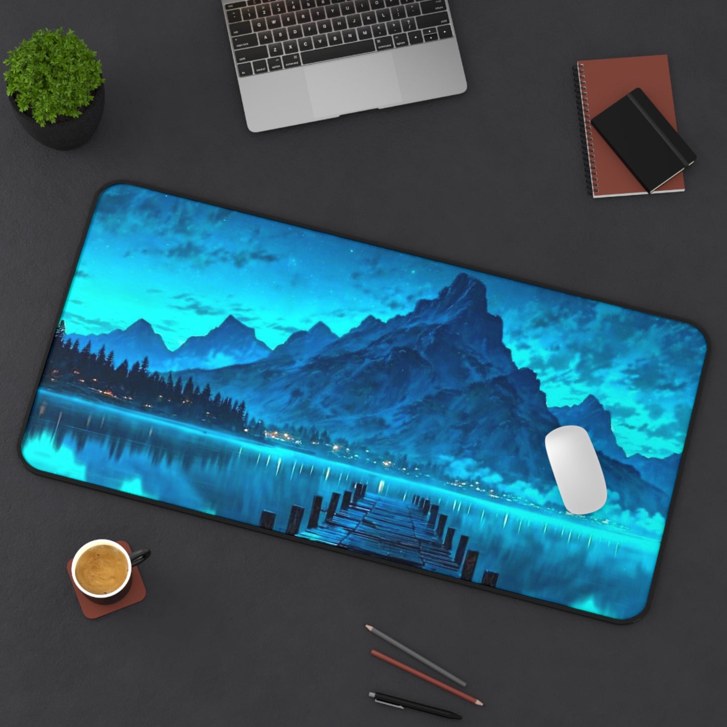 Moonlit Mountain Lake Desk Mat | Blue Scenic Landscape Mouse Pad