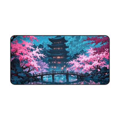 Cherry Blossom Pagoda Desk Mat | Japanese Nightscape Mouse Pad
