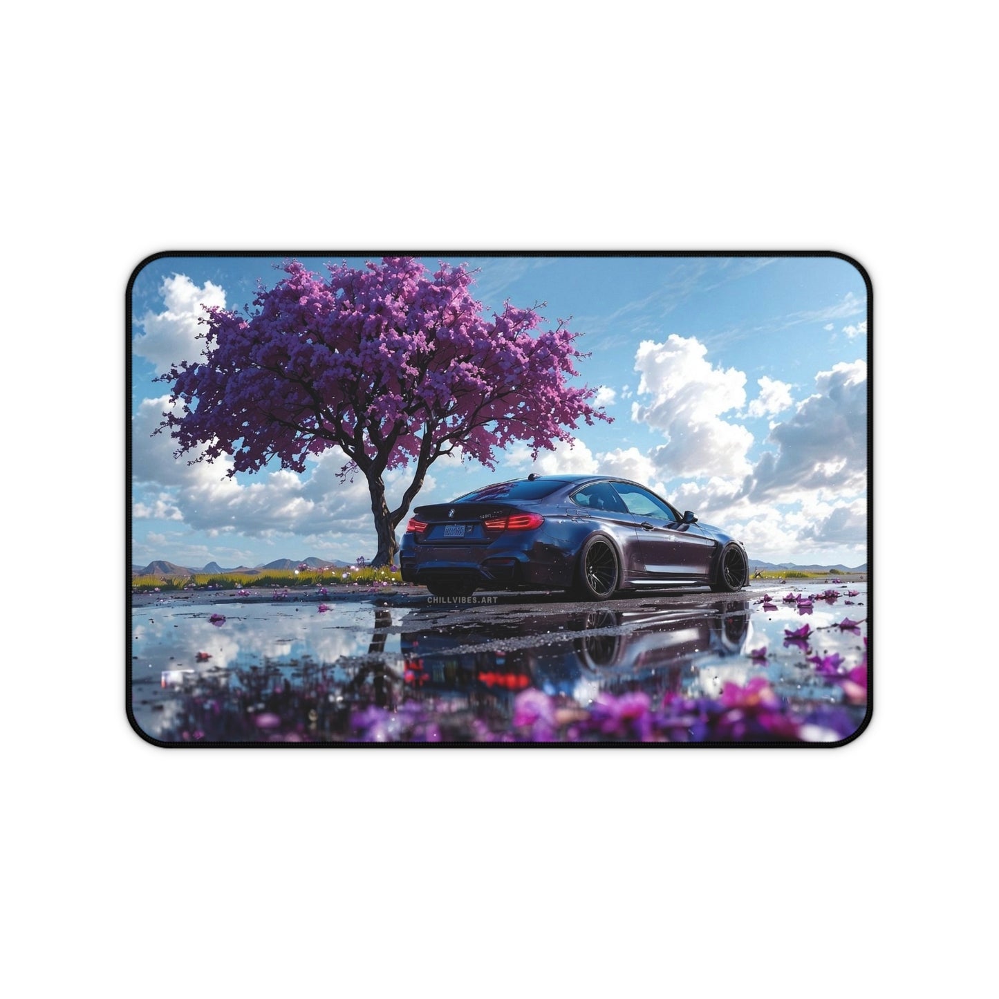Purple Blossom Sports Car Desk Mat | Scenic Reflection Mouse Pad