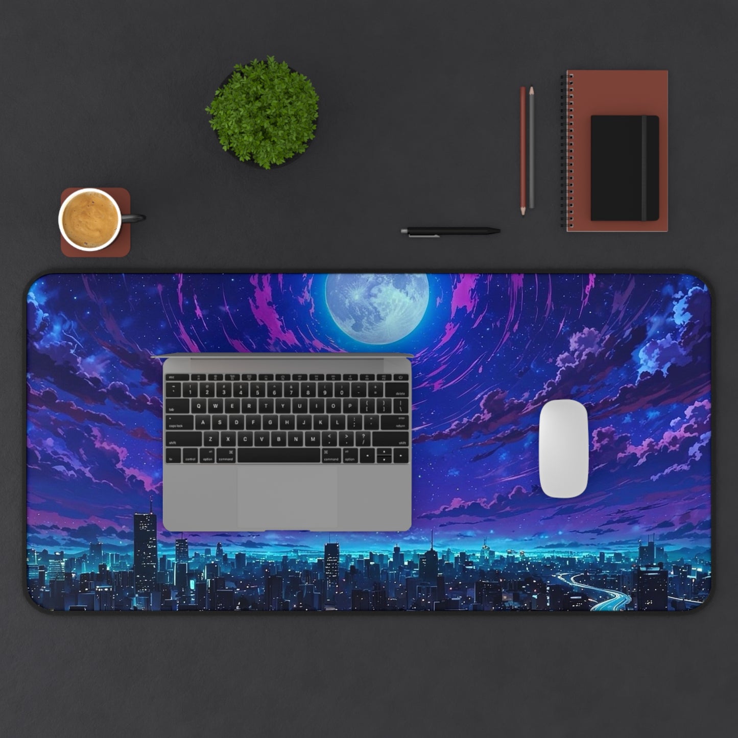 Moonlit City Skyline Desk Mat | Night Sky, Neon Purple Moon