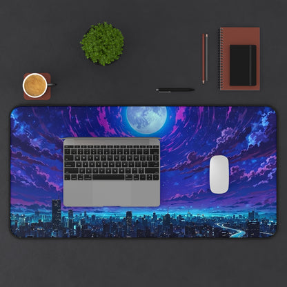 Moonlit City Skyline Desk Mat | Night Sky, Neon Purple Moon