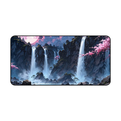 Moonlit Waterfall Landscape Desk Mat | Sakura River Scene