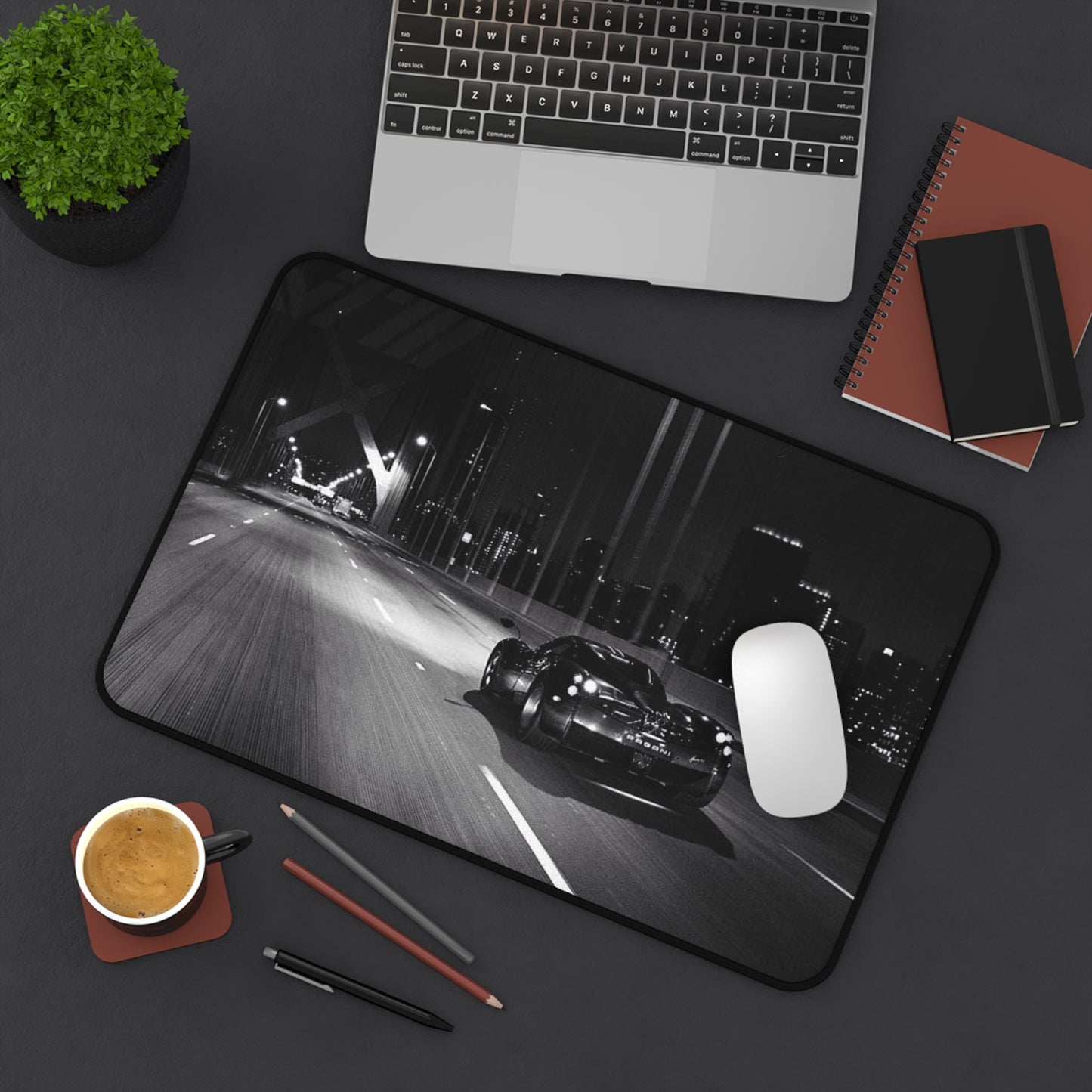 Vintage Sports Car Night Drive Desk Mat | Black and White Cityscape