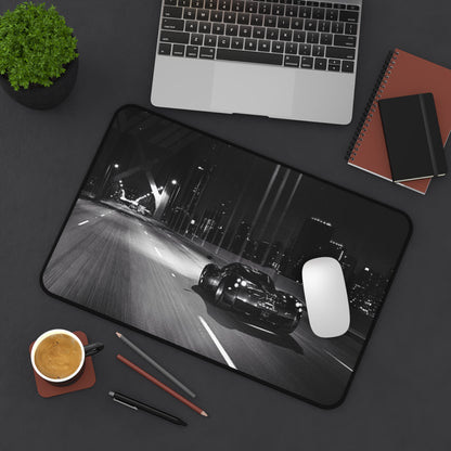 Vintage Sports Car Night Drive Desk Mat | Black and White Cityscape