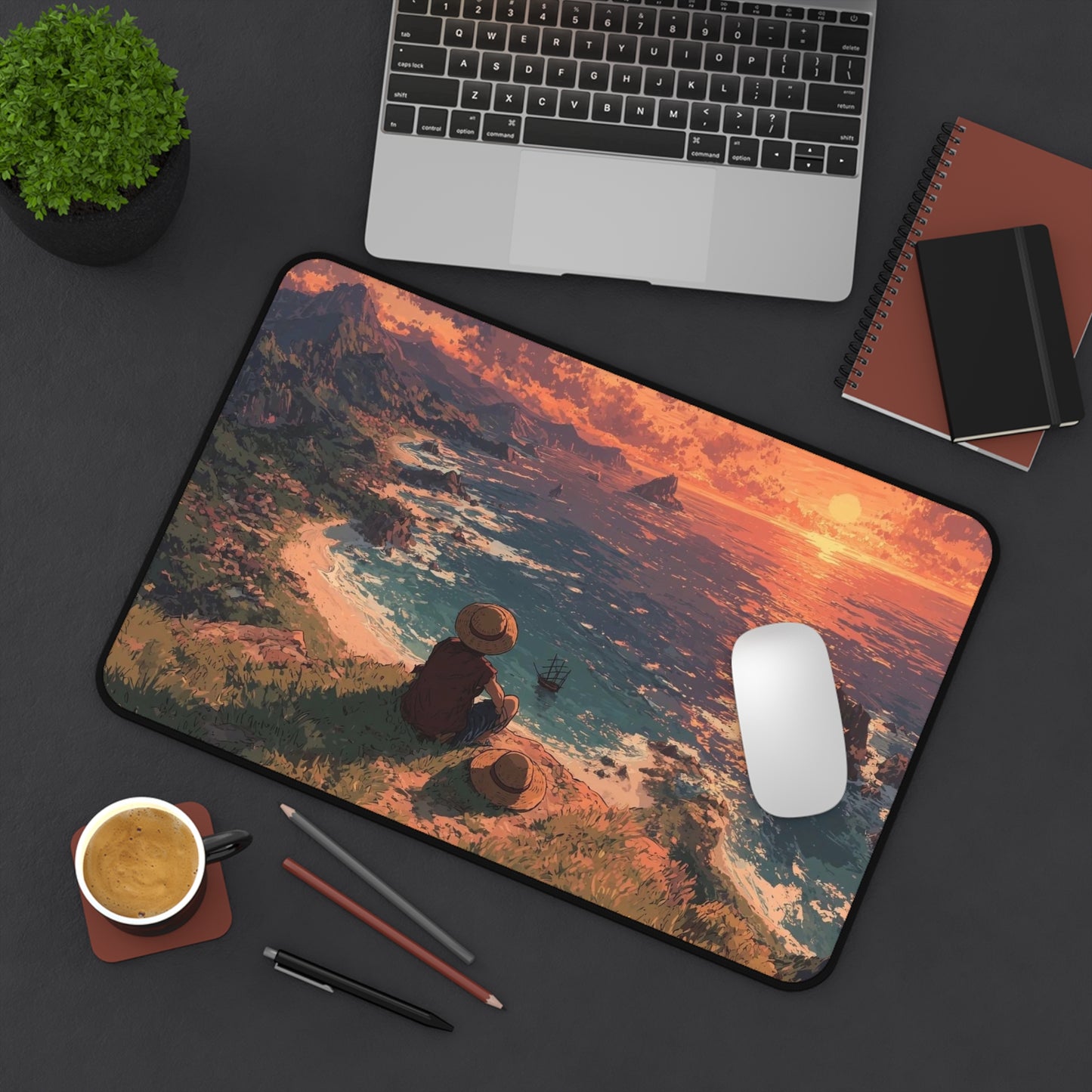 Sunset Cliffside Scene Desk Mat | Ocean View Landscape