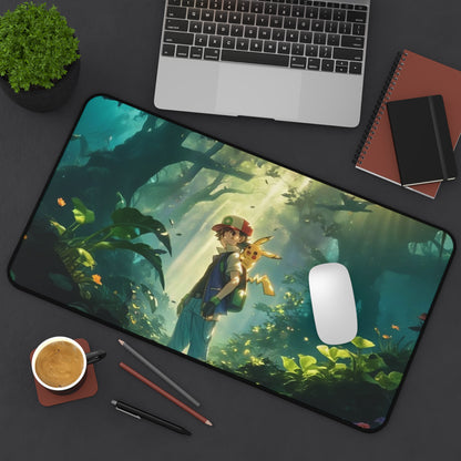 Forest Adventure Scene Desk Mat | Boy with Fox in Sunlit Woods