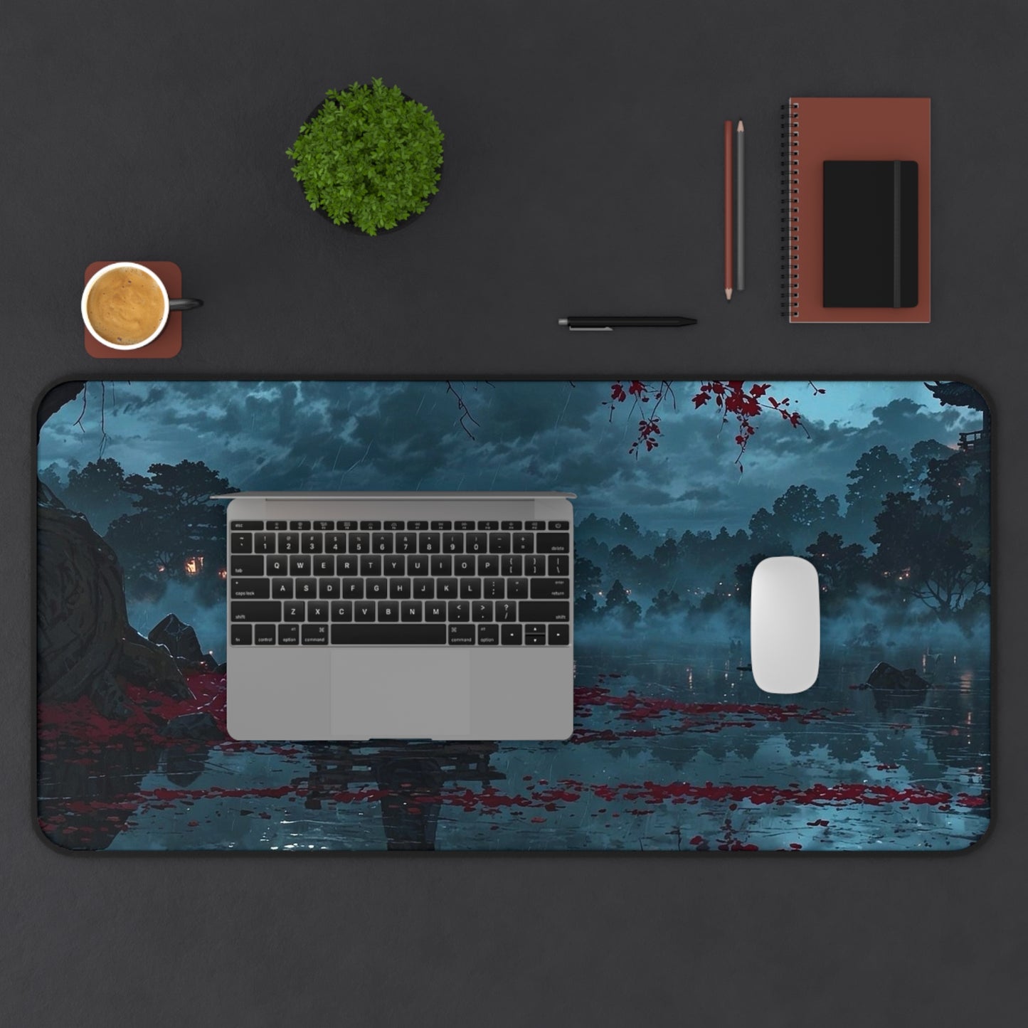 Lonely Figure on Bench at Moonlit Lake Desk Mat | Nightscape Vaporwave