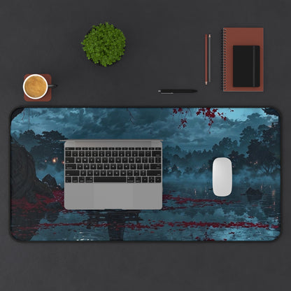 Lonely Figure on Bench at Moonlit Lake Desk Mat | Nightscape Vaporwave