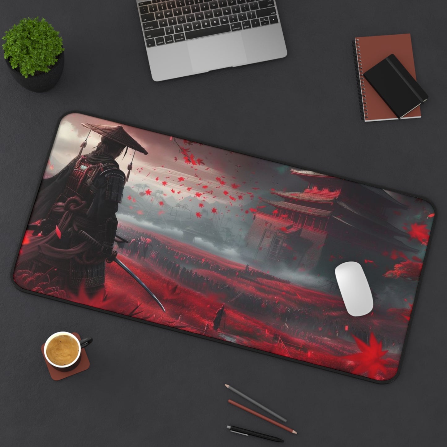 Samurai in Red Maple Field Desk Mat | Japanese Castle Landscape