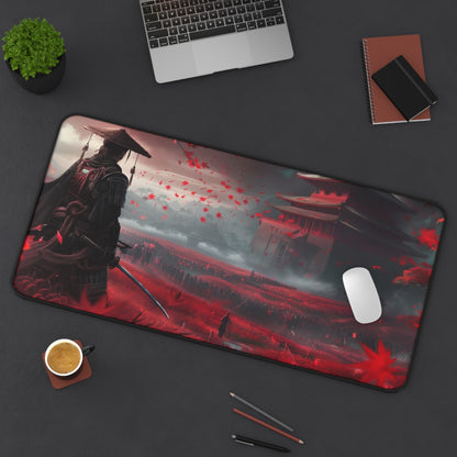 Samurai in Red Maple Field Desk Mat | Japanese Castle Landscape